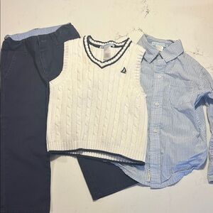 Janie and Jack White Cable Knit Vest and Blue Striped Shirt Set